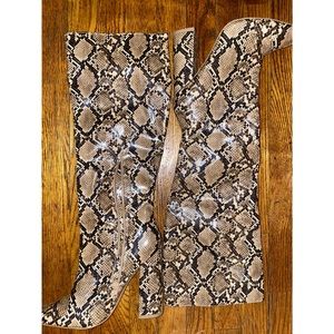 Missguided Beige Snake Print Calf Height Heeled Boots - Size 10